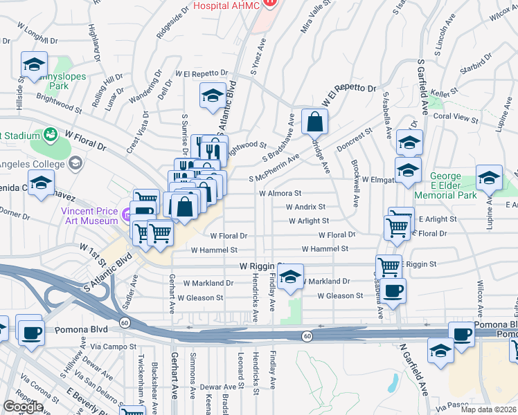 map of restaurants, bars, coffee shops, grocery stores, and more near 2117 Findlay Avenue in Monterey Park