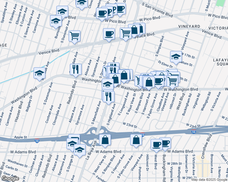 map of restaurants, bars, coffee shops, grocery stores, and more near 4935 West 20th Street in Los Angeles