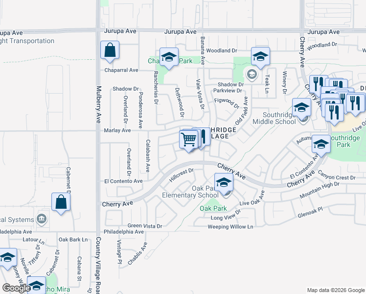 map of restaurants, bars, coffee shops, grocery stores, and more near 14046 Bluewood Drive in Fontana