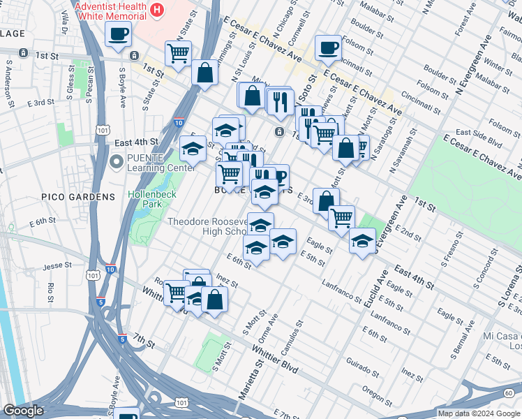 map of restaurants, bars, coffee shops, grocery stores, and more near 419 South Mathews Street in Los Angeles