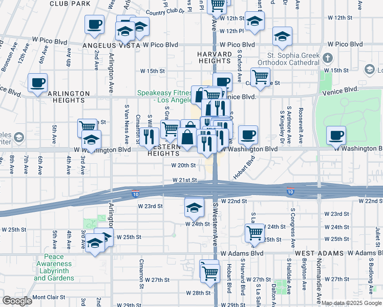map of restaurants, bars, coffee shops, grocery stores, and more near 2258 West Washington Boulevard in Los Angeles