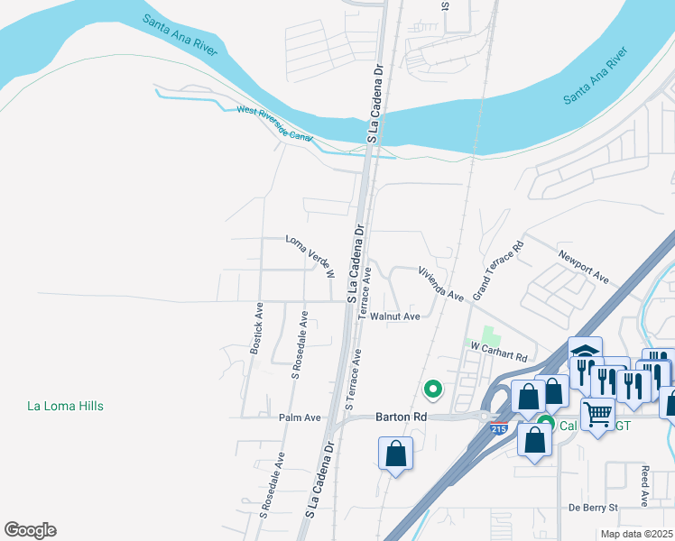 map of restaurants, bars, coffee shops, grocery stores, and more near 145 Loma Verde West in Colton
