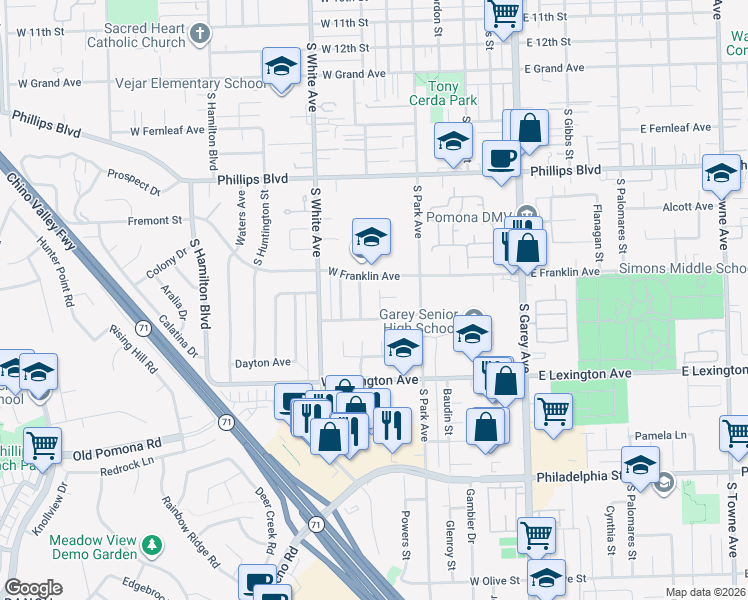 map of restaurants, bars, coffee shops, grocery stores, and more near 1755 Warwick Street in Pomona