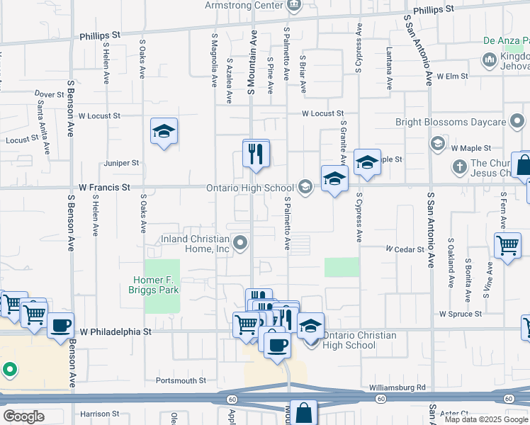 map of restaurants, bars, coffee shops, grocery stores, and more near 1049 West Francis Street in Ontario
