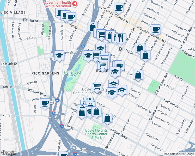 map of restaurants, bars, coffee shops, grocery stores, and more near 451 South Breed Street in Los Angeles