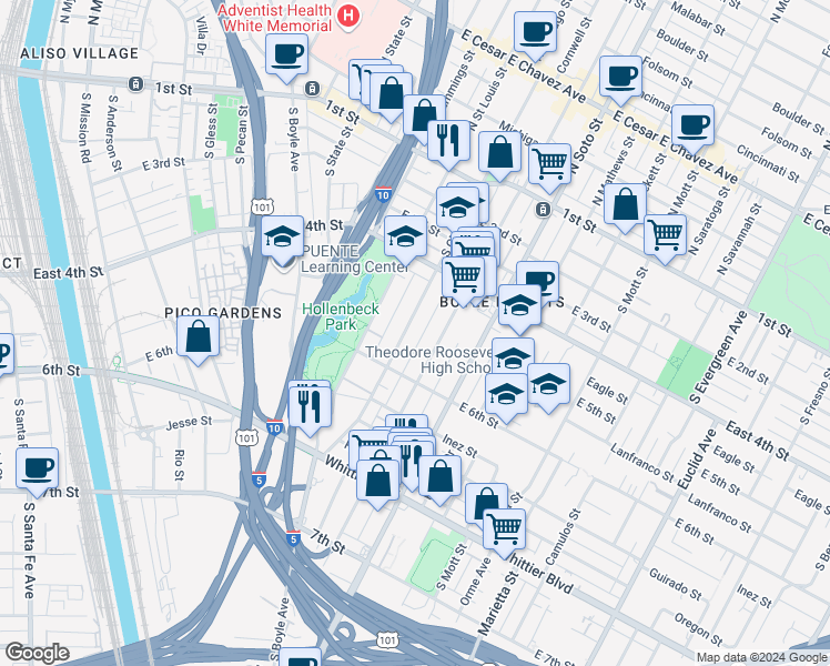 map of restaurants, bars, coffee shops, grocery stores, and more near 516 South Chicago Street in Los Angeles