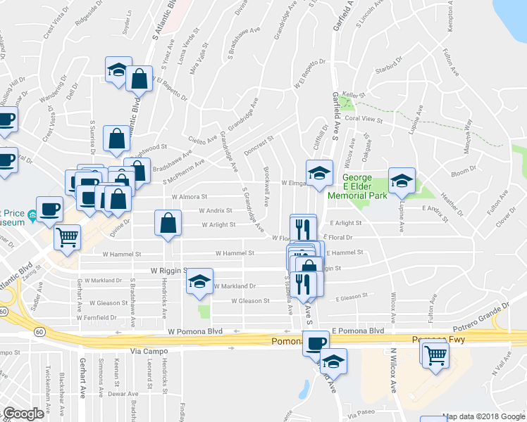 map of restaurants, bars, coffee shops, grocery stores, and more near 2033 Brockwell Avenue in Monterey Park