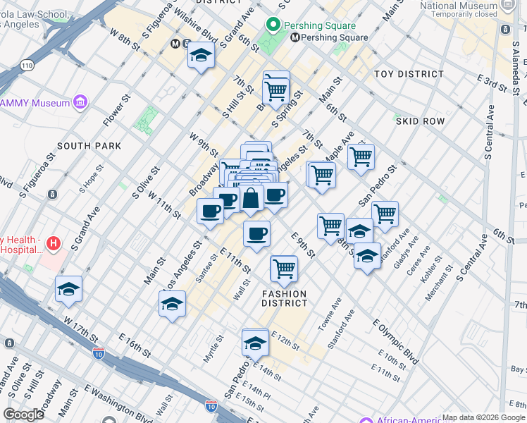 map of restaurants, bars, coffee shops, grocery stores, and more near 308 East 9th Street in Los Angeles