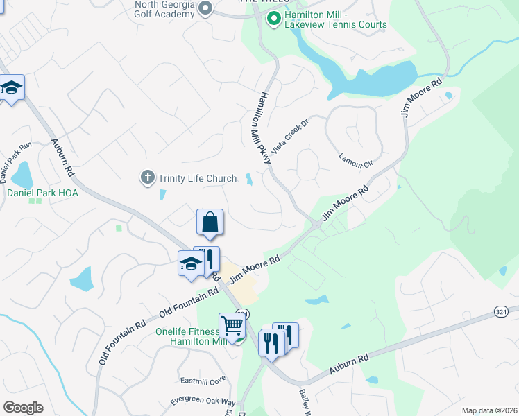 map of restaurants, bars, coffee shops, grocery stores, and more near 2656 Grove Valley Lane in Dacula