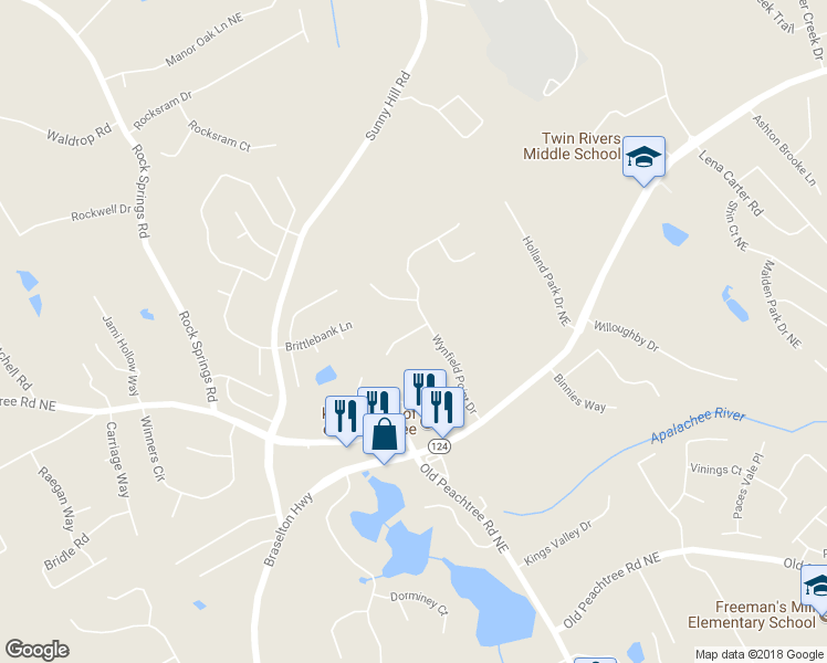 map of restaurants, bars, coffee shops, grocery stores, and more near 1974 Firelight Lane in Buford