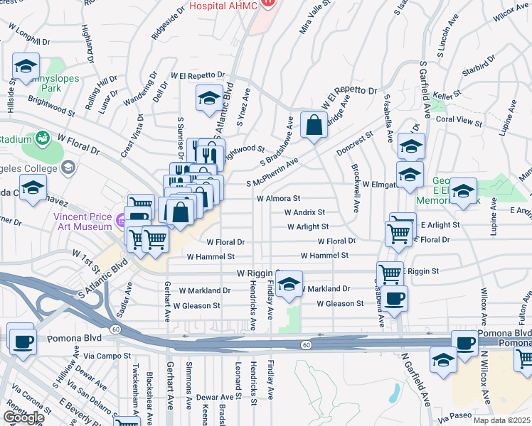 map of restaurants, bars, coffee shops, grocery stores, and more near 2117 Findlay Avenue in Monterey Park