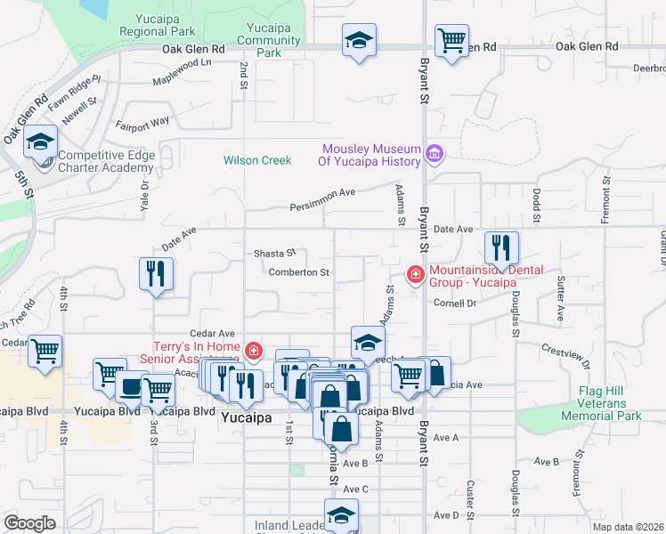 map of restaurants, bars, coffee shops, grocery stores, and more near 11776 California Street in Yucaipa