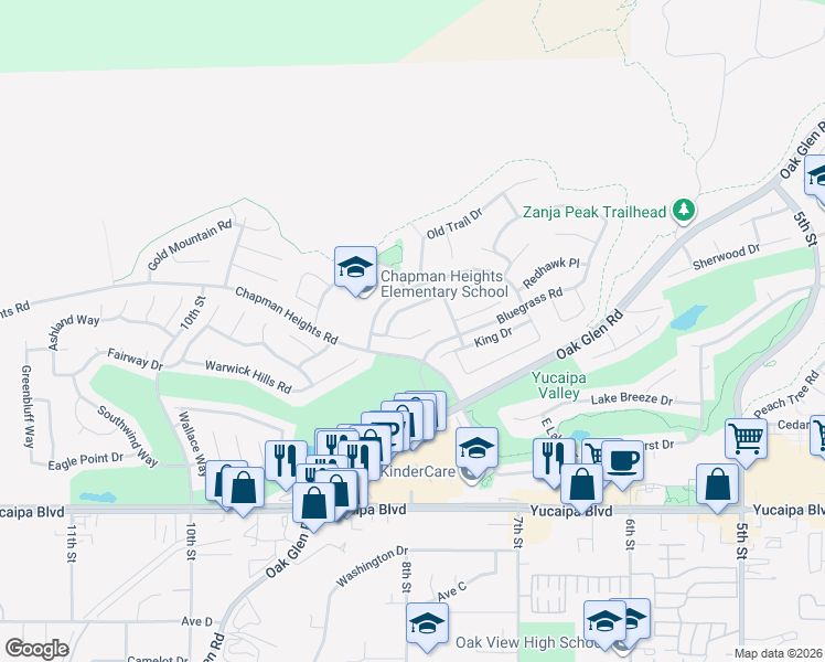 map of restaurants, bars, coffee shops, grocery stores, and more near 33714 Wildhorse Way in Yucaipa