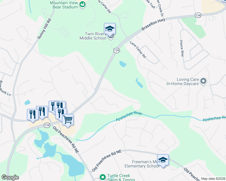 map of restaurants, bars, coffee shops, grocery stores, and more near 1887 Willoughby Drive in Buford