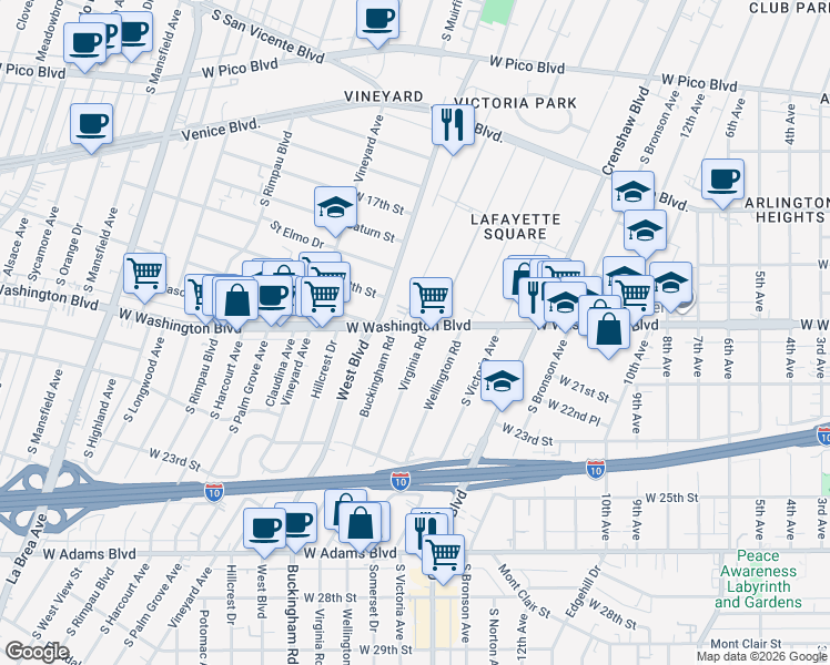 map of restaurants, bars, coffee shops, grocery stores, and more near 4400 West Washington Boulevard in Los Angeles