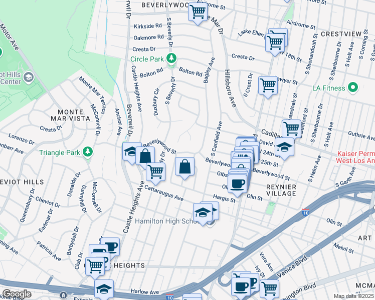 map of restaurants, bars, coffee shops, grocery stores, and more near 9423 Beverlywood Street in Los Angeles
