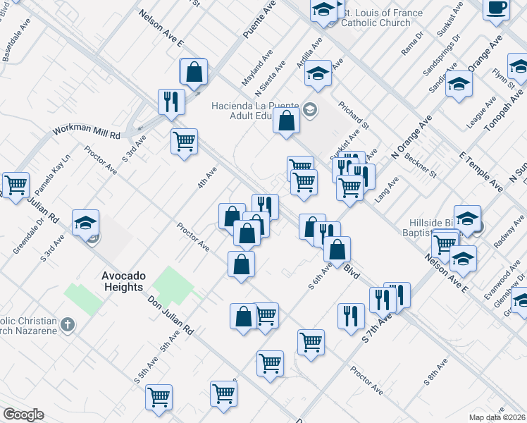 map of restaurants, bars, coffee shops, grocery stores, and more near 113 South 5th Avenue in La Puente