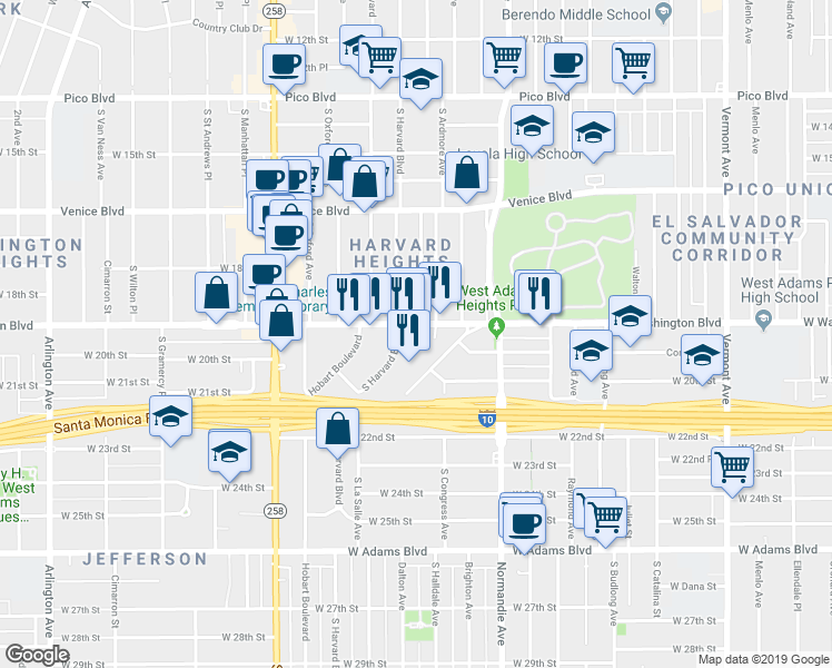 map of restaurants, bars, coffee shops, grocery stores, and more near 2012 West Washington Boulevard in Los Angeles