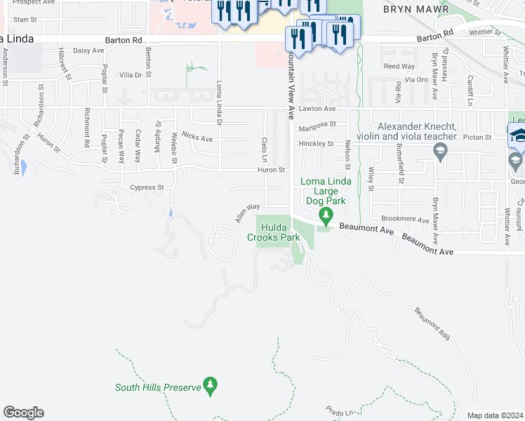 map of restaurants, bars, coffee shops, grocery stores, and more near 25627 Allen Way in Loma Linda