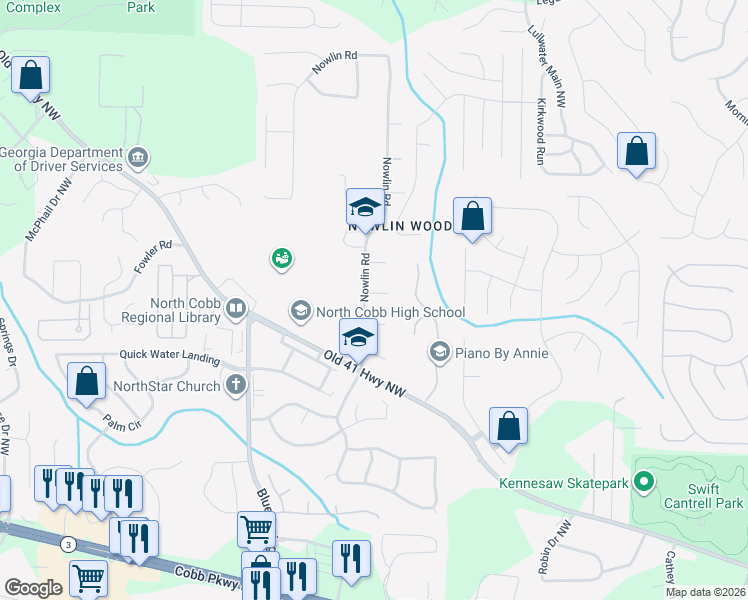 map of restaurants, bars, coffee shops, grocery stores, and more near 3354 Williamsburg Court Northwest in Kennesaw