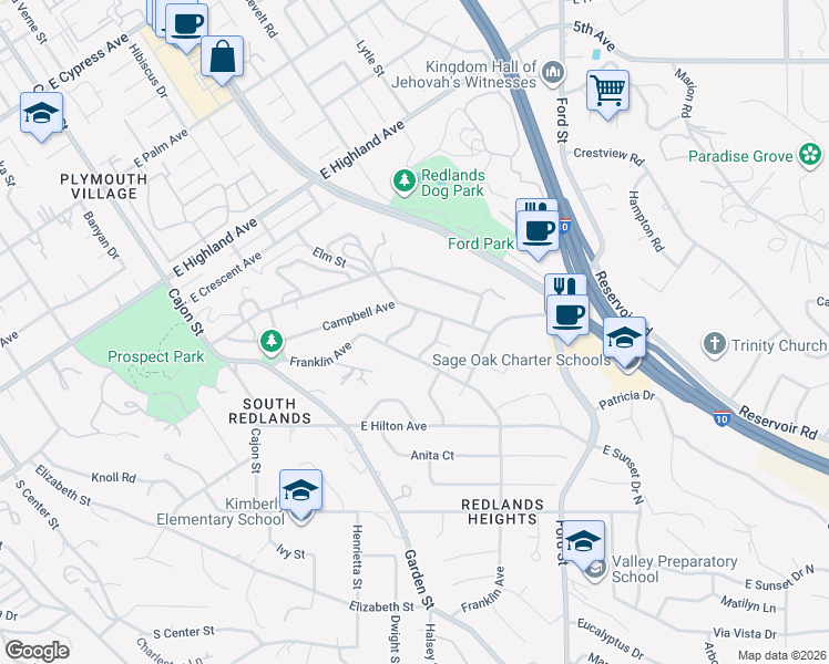 map of restaurants, bars, coffee shops, grocery stores, and more near 1357 Rhonda Lane in Redlands