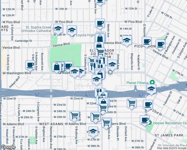 map of restaurants, bars, coffee shops, grocery stores, and more near 1644 West Washington Boulevard in Los Angeles
