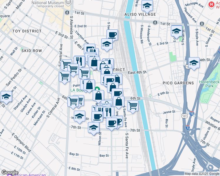 map of restaurants, bars, coffee shops, grocery stores, and more near in Los Angeles