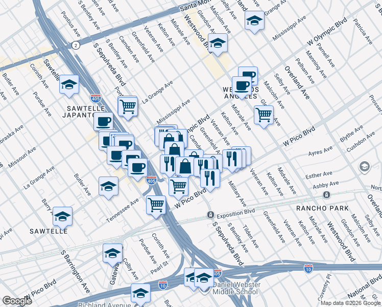 map of restaurants, bars, coffee shops, grocery stores, and more near 11053 Tennessee Avenue in Los Angeles