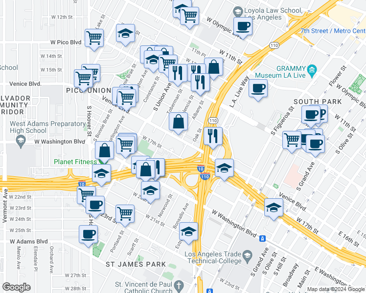 map of restaurants, bars, coffee shops, grocery stores, and more near 1609 Oak Street in Los Angeles