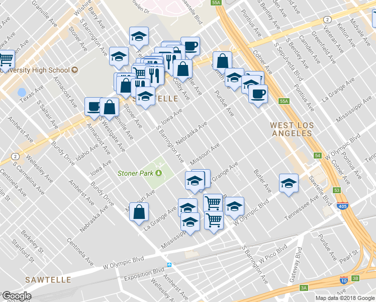 map of restaurants, bars, coffee shops, grocery stores, and more near 1827 Barry Avenue in Los Angeles