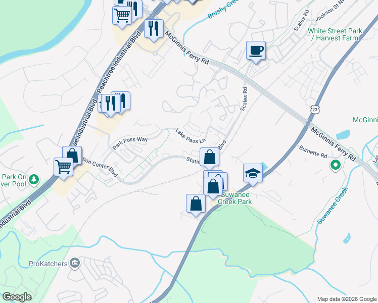 map of restaurants, bars, coffee shops, grocery stores, and more near 1168 Lake Point Way in Suwanee