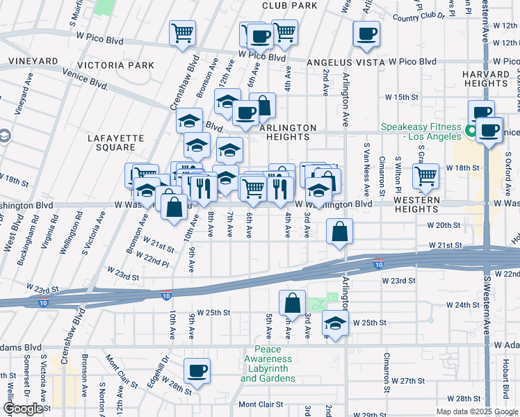 map of restaurants, bars, coffee shops, grocery stores, and more near 3512 West Washington Boulevard in Los Angeles