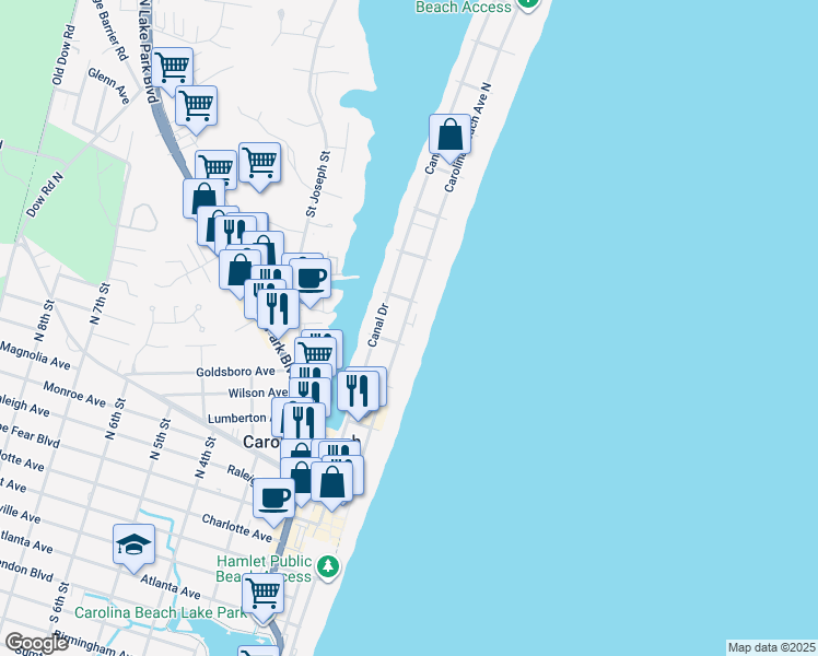 map of restaurants, bars, coffee shops, grocery stores, and more near 508 Carolina Beach Avenue North in Carolina Beach