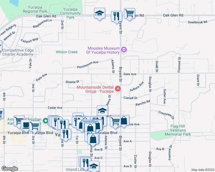 map of restaurants, bars, coffee shops, grocery stores, and more near 11760 Adams Street in Yucaipa