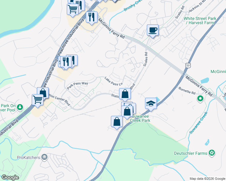 map of restaurants, bars, coffee shops, grocery stores, and more near 1168 Lake Point Way in Suwanee