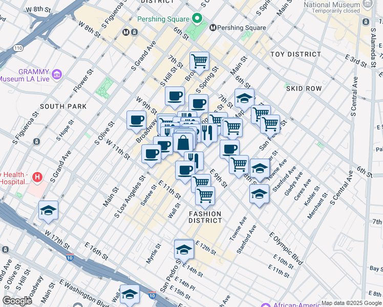 map of restaurants, bars, coffee shops, grocery stores, and more near 327 East 11th Street in Los Angeles