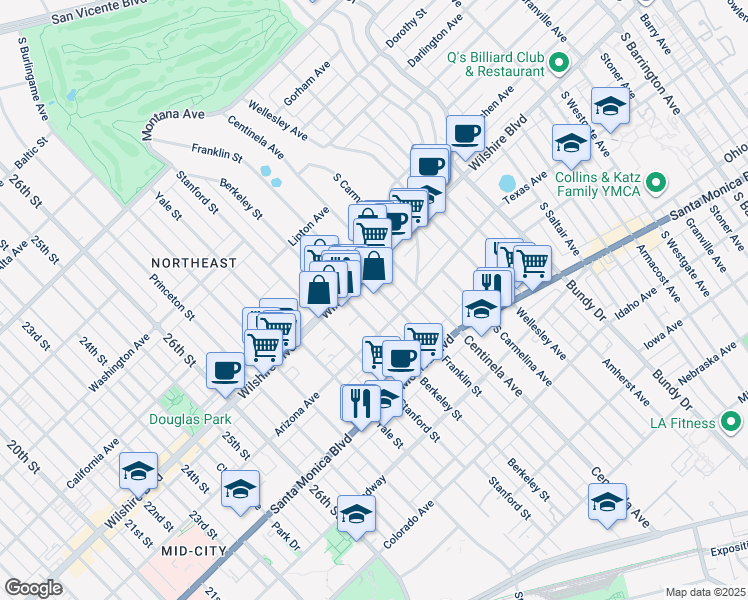 map of restaurants, bars, coffee shops, grocery stores, and more near 1226 Franklin Street in Santa Monica