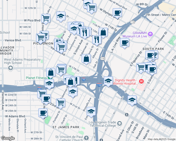 map of restaurants, bars, coffee shops, grocery stores, and more near 1609 Oak Street in Los Angeles