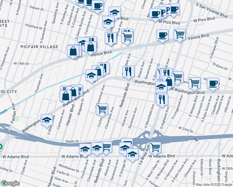 map of restaurants, bars, coffee shops, grocery stores, and more near 5207 West 21st Street in Los Angeles
