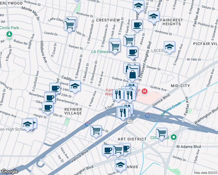 map of restaurants, bars, coffee shops, grocery stores, and more near 2042 South Corning Street in Los Angeles