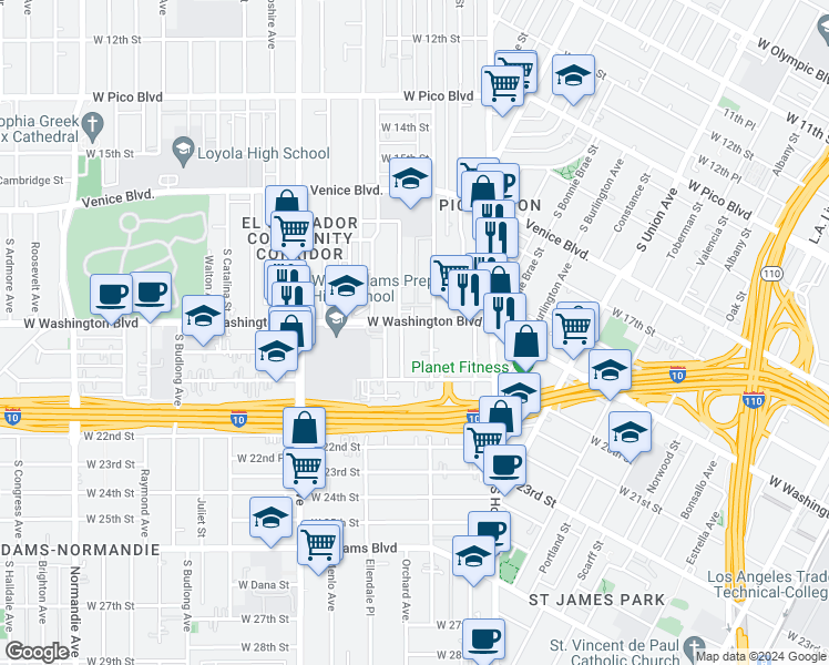 map of restaurants, bars, coffee shops, grocery stores, and more near 1408 West Washington Boulevard in Los Angeles