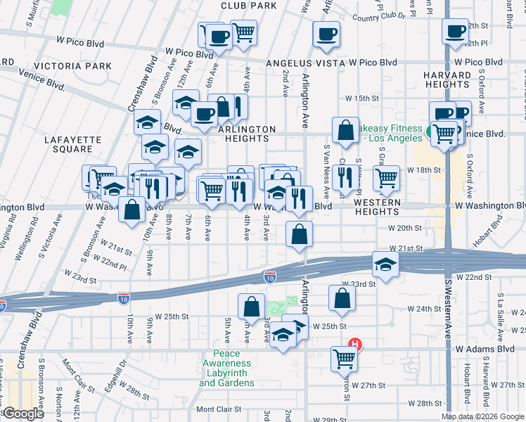 map of restaurants, bars, coffee shops, grocery stores, and more near 3300 West Washington Boulevard in Los Angeles