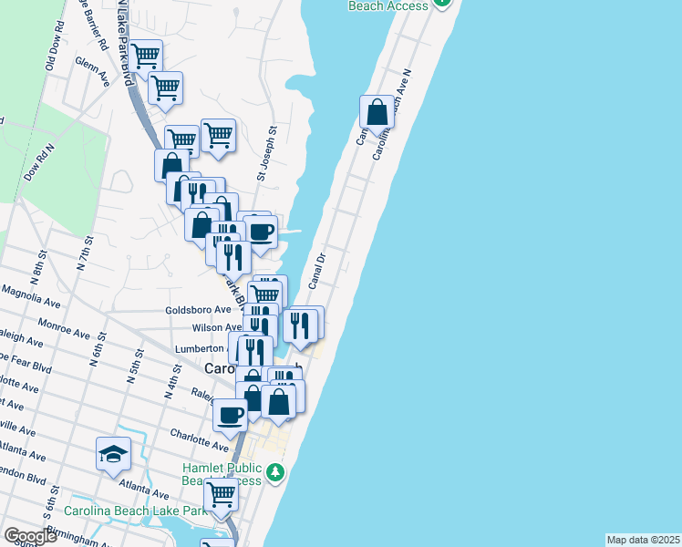 map of restaurants, bars, coffee shops, grocery stores, and more near 508 Carolina Beach Avenue North in Carolina Beach