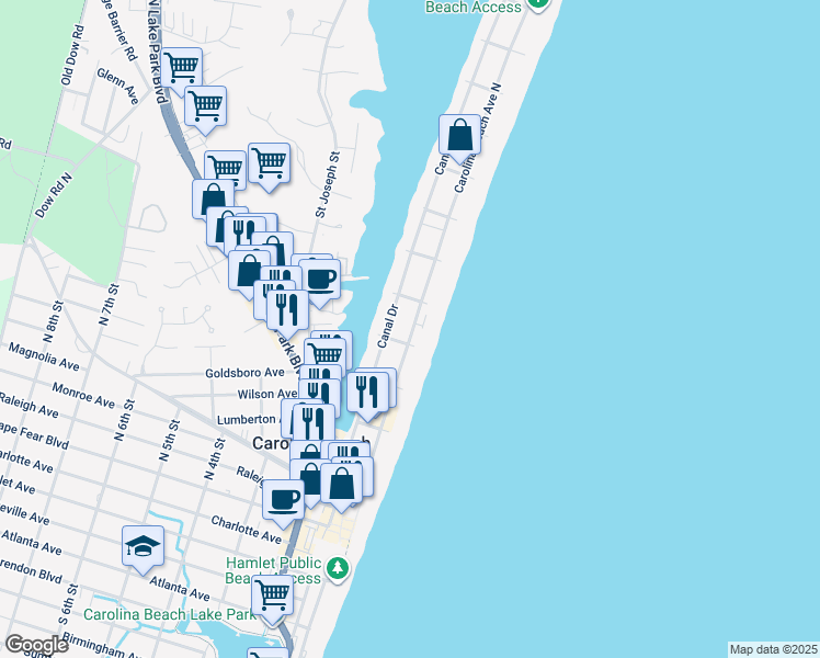 map of restaurants, bars, coffee shops, grocery stores, and more near 505 Carolina Beach Avenue North in Carolina Beach