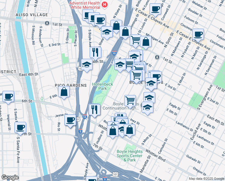 map of restaurants, bars, coffee shops, grocery stores, and more near 532 South Saint Louis Street in Los Angeles