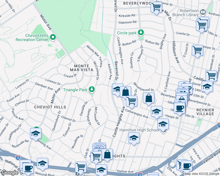 map of restaurants, bars, coffee shops, grocery stores, and more near 2800 Anchor Avenue in Los Angeles