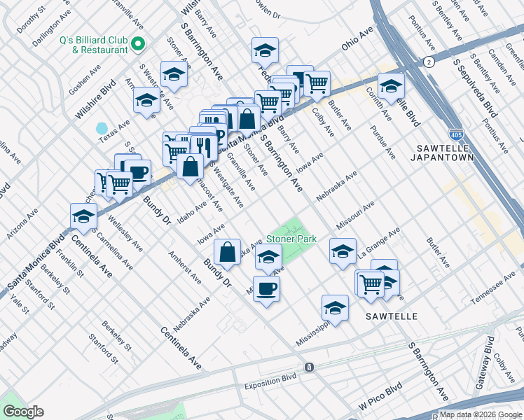 map of restaurants, bars, coffee shops, grocery stores, and more near 1714 South Westgate Avenue in Los Angeles
