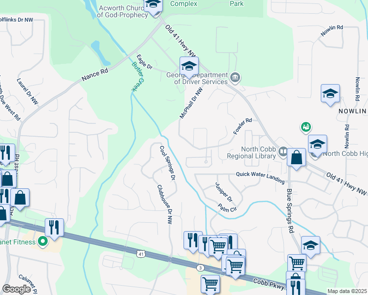 map of restaurants, bars, coffee shops, grocery stores, and more near 3550 McPhail Drive Northwest in Kennesaw