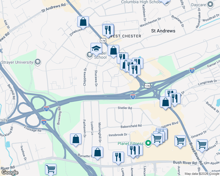 map of restaurants, bars, coffee shops, grocery stores, and more near 721 Old Manor Road in Columbia