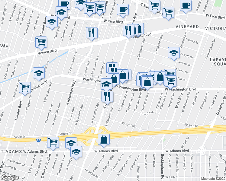 map of restaurants, bars, coffee shops, grocery stores, and more near 4935 West 20th Street in Los Angeles